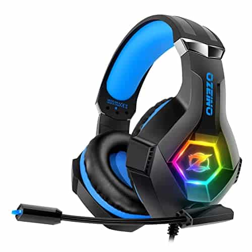 Ozeino Casque Gaming pour PS5 PC PS4, Casque Gamer pour Micro RGB 7 Couleurs Transducteurs 50mm Stéréo Basse Micro Anti-Bruit Réglable Compatible avec Switch Xbox Series X & S-Bleu Noir