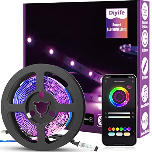 Diyife Ruban LED 3M Super Brillant [App Smart Control], Multicolore Bluetooth 5050 RGB Bande LED, Synchronisation Musique/Voix Changement de Couleur pour Léclairage à La Maison, Décoration de fête