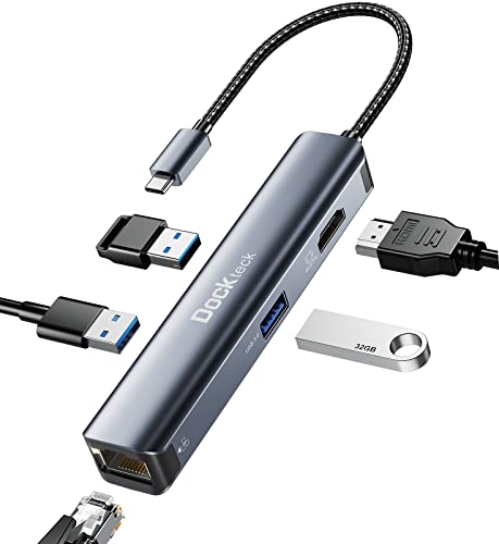 Dockteck Hub USB C, 5 en 1 Adaptateur USB C Aluminium vers Ethernet RJ45 avec HDMI 4K,3 USB 3.0, pour Surface Pro 8/9,MacBook Pro/Air M1 2021, iPad Pro/Air 4/Air 5 2022