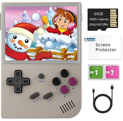 RG35XX Consoles de Jeux Portables , 3.5 inch IPS Screen Linux System Built-in 64G TF Card Pre-Loaded 5474 Jeux Support HDMI and TV Output(Gray)