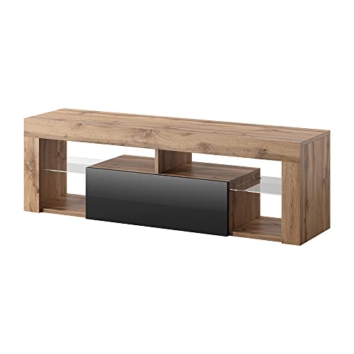 Selsey Hugo Meuble de télévision, Aspect Bois, avec abattant en Bois Brillant, Bas à Poser sur Le Sol, Lancaster Eiche/Schwarz Hochglanz, 35 x 140 x 51 cm