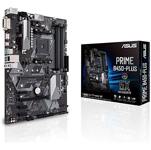 ASUS PRIME B450-Plus – Carte mère AMD AM4 au format ATX avec connecteur RGB Aura Sync, DDR4 3 200 MHz, M.2, HDMI 2.0b, SATA 6 Gb/s et USB 3.1 Gen 2