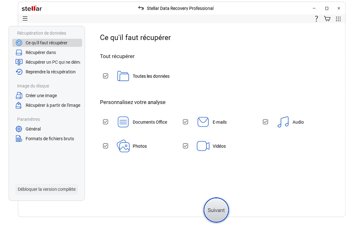 Interface de Stellar Data Recovery : écran de sélection des types de fichiers à récupérer