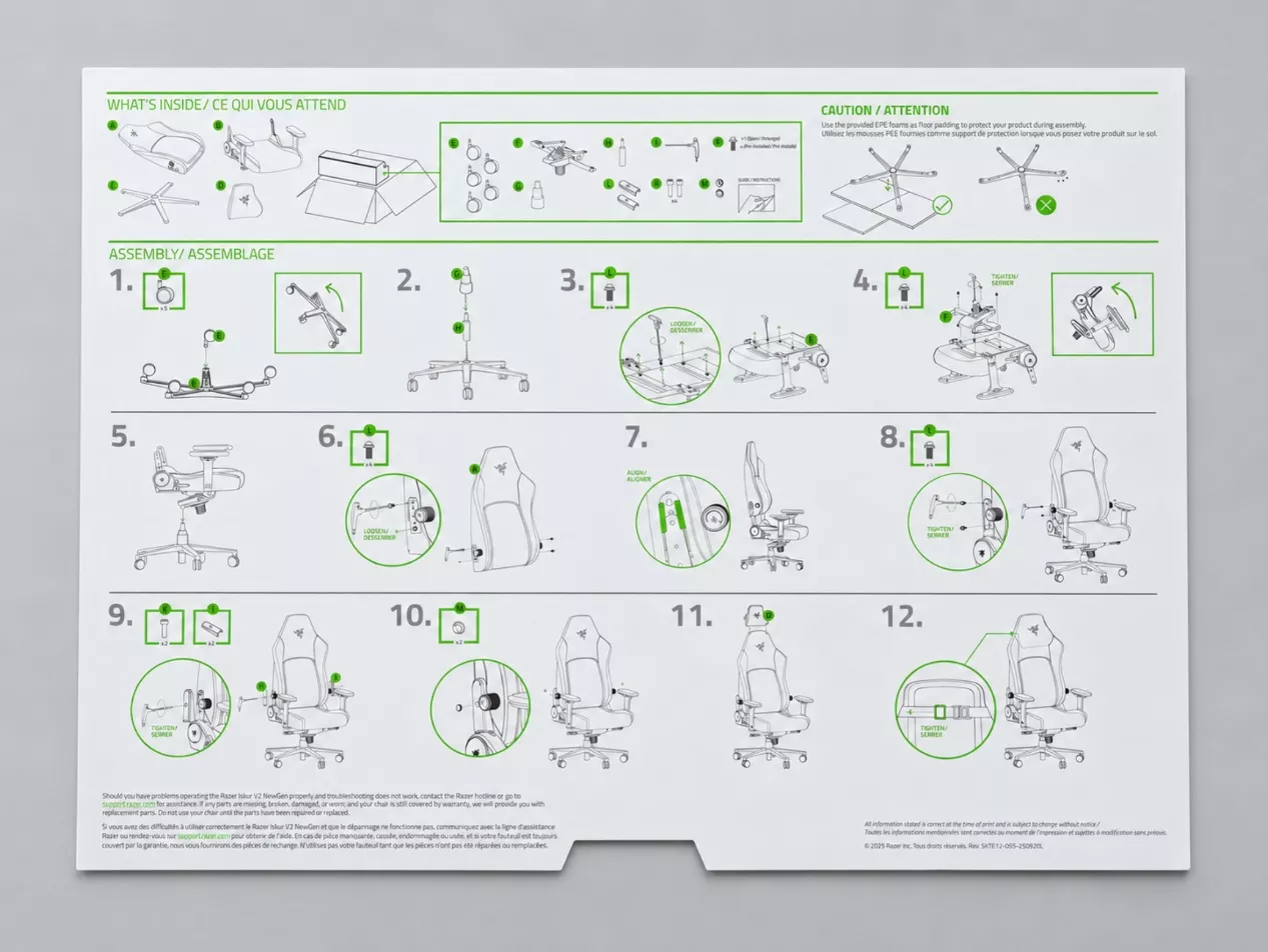 Notice de montage de la Razer Iskur V2 NewGen en douze étapes illustrées