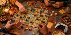 Soirée jeux de société autour d'une table en bois avec cartes, dés, pions et une manette de jeu