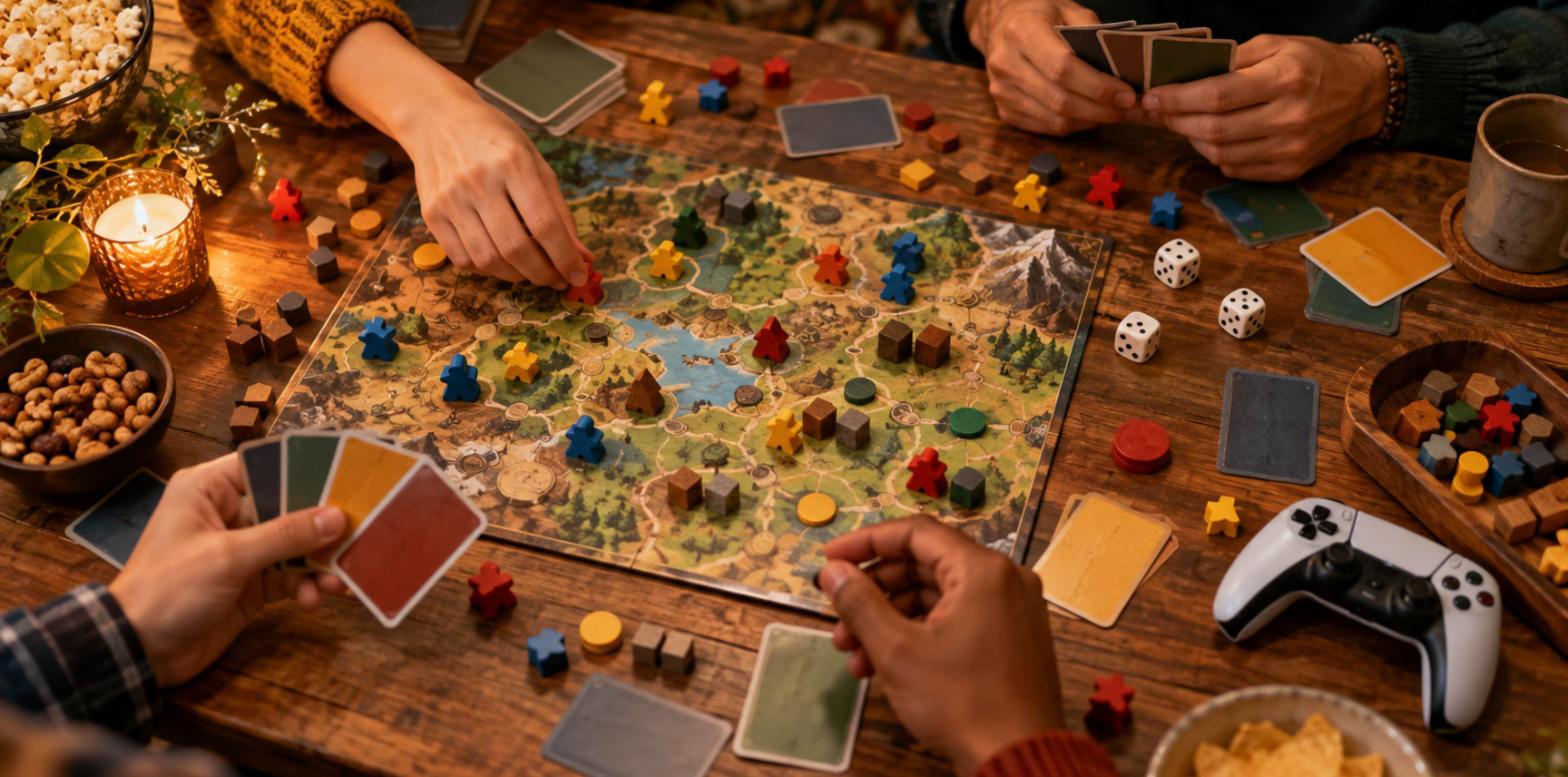 Soirée jeux de société autour d'une table en bois avec cartes, dés, pions et une manette de jeu