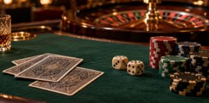 Table de jeu en feutre vert avec cartes face cachée, dés, jetons empilés et roue de roulette en arrière-plan