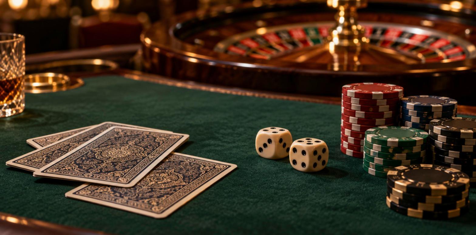 Table de jeu en feutre vert avec cartes face cachée, dés, jetons empilés et roue de roulette en arrière-plan